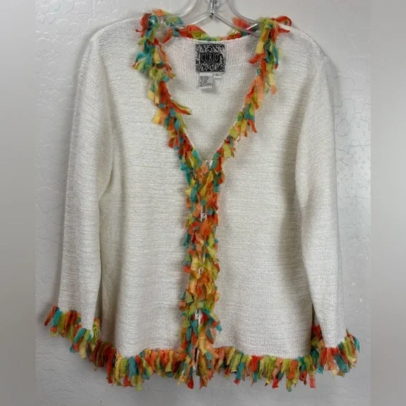 ANTHROPOLOGIE CURIO RAINBOW FRINGE RIBBON CONFETTI CARDIGAN JACKET L CREAM 1090 - Picture 1 of 7